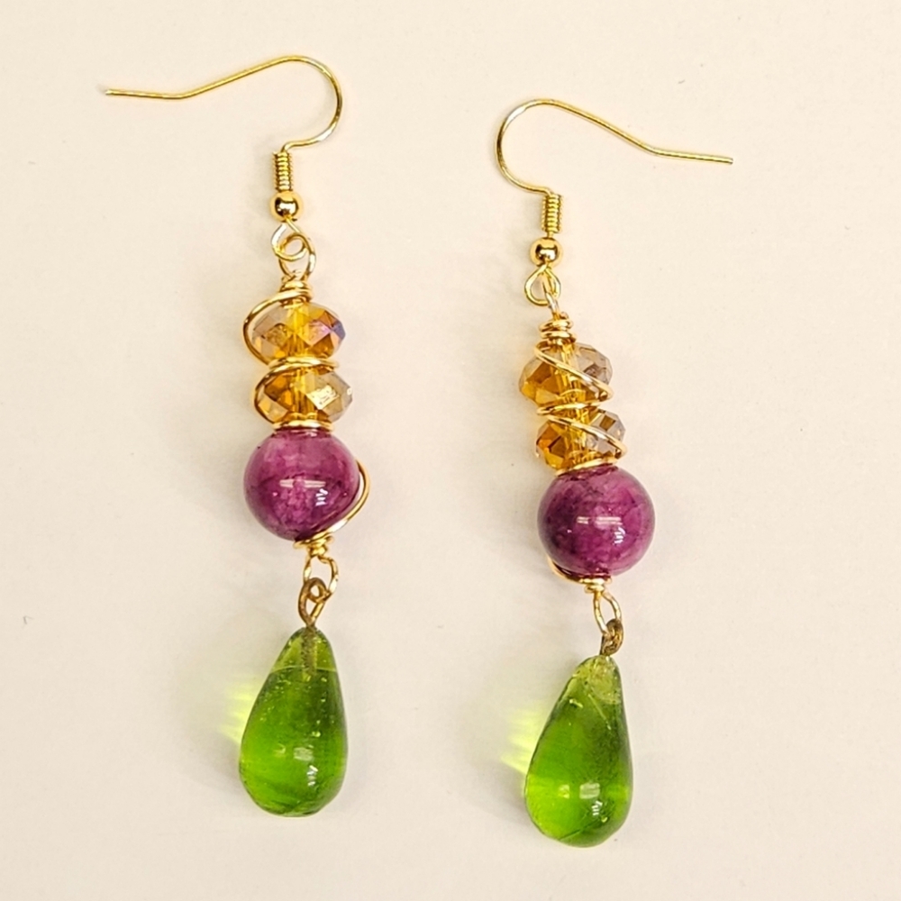 Gold, Purple and Green Drop Earrings